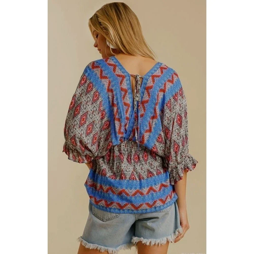New UMGEE S Blue Paisley Balloon Dolman Sleeves Rayon Top Back String Tie - Picture 4 of 4